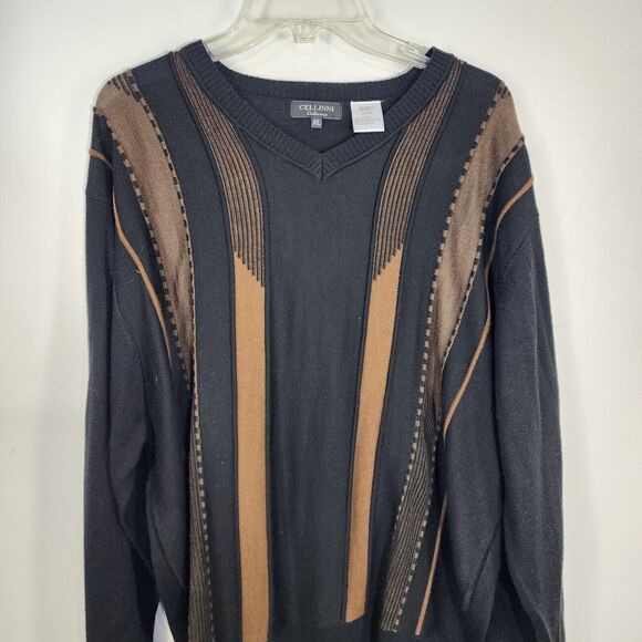 Cellini Collezione Sweater Men's XL Pullover Brown Black Wool Blend 90s Vintage - Picture 3 of 7